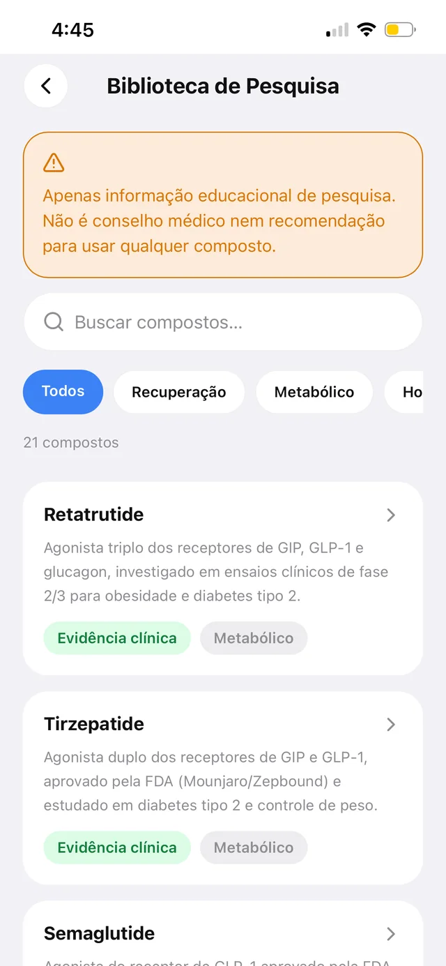 Biblioteca de pesquisa com 21 compostos e seus resumos