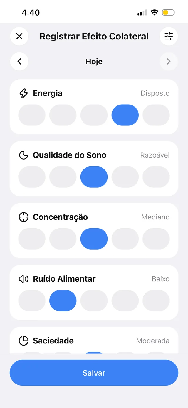 Check-in diário com indicadores de energia, sono, ruído alimentar e saciedade