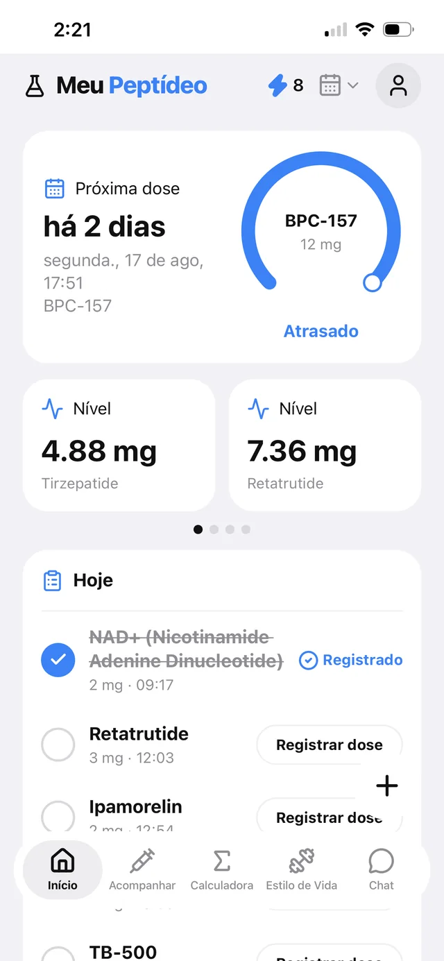 Tela inicial do app com a próxima dose, dose atrasada em destaque e o nível estimado dos compostos