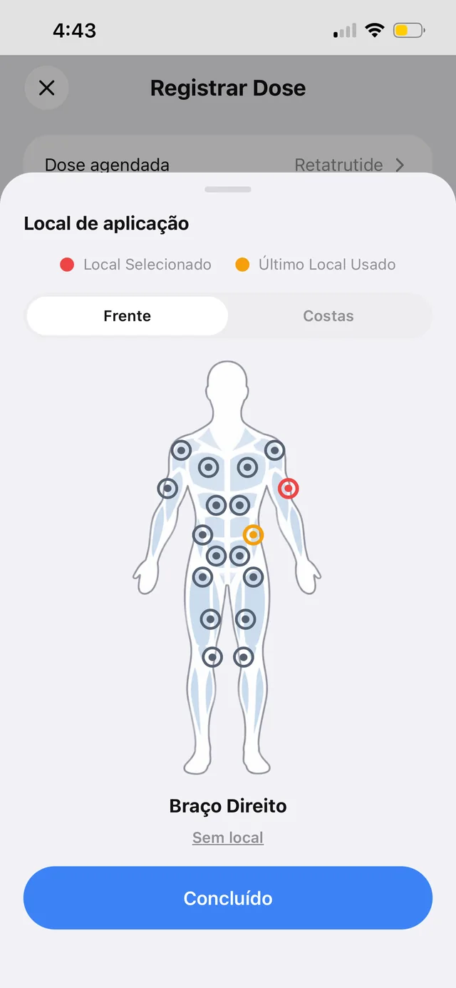 Mapa do corpo para escolher e rotacionar o local de aplicação
